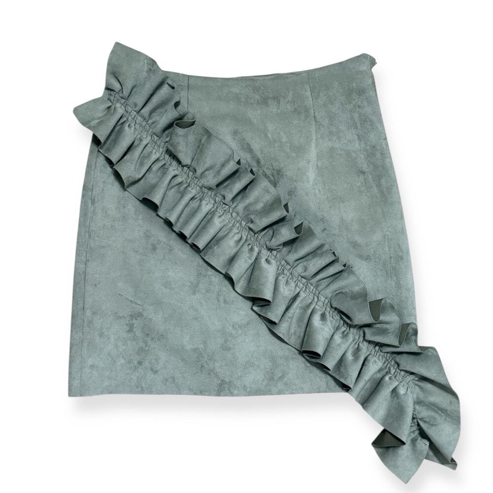 Alpha & Omega Faux Suede Ruffle Mini Skirt Green Asymmetrical Size M Stretch